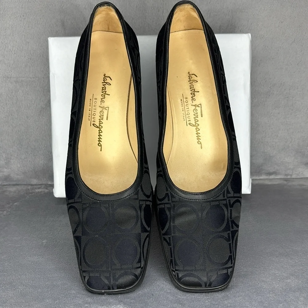 Salvatore Ferragamo Black Gancini Logo Wedge Pumps 9.5B Italy